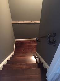 Gas Line Piping Handrail And New Wood Stairs Wood Stairs Stairs Basement Stairs