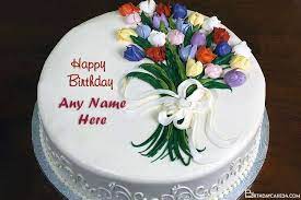 You can write name on birthday cakes images, happy birthday cake with name editor, personalized birthday cake with names to send happy birthday wishes for friends, family members & loved ones via birthdaycake24.com. Lovely Flower Bouquet Birthday Cake With Name Edit