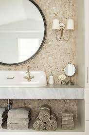 Pebble tile at great prices and free shipping. Tan Pebble Backsplash With Round Mirror Transitional Bathroom