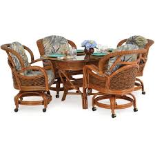 Sarasota Rattan And Wicker Dining Set With Swivel And Tilt Caster Chairs Wicker Dining Set Dining Room Furniture Sets Rattan Dining Chairs
