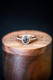 Diana Oval Salt Pepper Diamond Engagement Ring With Diamond Halo Accents 14k Rose Gold Engagement Rings Rose Gold Engagement Ring Unique Engagement Rings