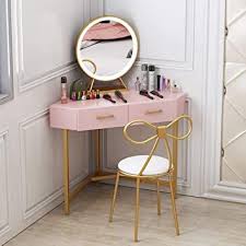 Liweibao Home Vanity Iron L Shaped Corner Vanity Table Set With Lighted Mirror Amp Bow Cushioned Stool Make In 2020 Corner Vanity Table Vanity Table Set Vanity Table