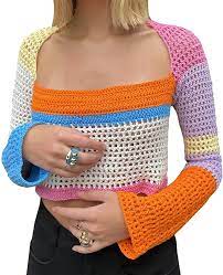 Women Y2k Long Sleeve Crop Top Crochet Knit Colorful Hollow Out Pullover Vintage Summer Fall Sweater At Amazon Women S Clothing Store