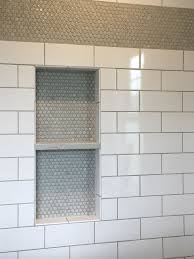 Master Shower Niche Subway Tile With Penny Round Tile And A Quartz Shelf That Was A Left Over From Vanity Top Shower Niche Penny Tiles Bathroom Penny Round