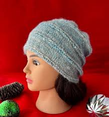 Gray Angora Beanie With Silk Teal Accents: Knitted Rabbit Wool Hat