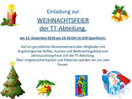 Hier finden sie vorschläge, wie sie ihre einladung zur weihnachtsfeier formulieren können. Einladung Zur Weihnachtsfeier Djk Schwabach Tischtennis