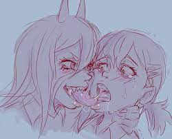 2girls chainsaw man fangs femalefemale french kiss grabbing neck  hairclip higashiyama kobeni horns long hair monochrome ponytail power  (chainsaw man) saliva short hair sketch tagme tearing up tongue tongue
