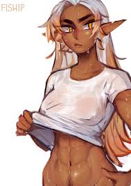 matilda fiship, olivia (matilda fiship), original, silver hair, highres,  1girl, abs, artist name, bottomless, breasts, dark-skinned female, dark  elf, dark skin, elf, female focus, female pubic hair, hot, long hair,  medium breasts,