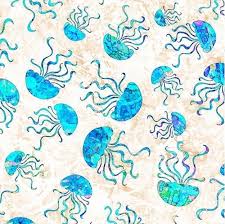 Despre noi de ce ocean fish? Cotton Fabric Animal Fabric Ocean Paradise Jelly Fish Sea Life Batik Cream 4my3boyz Fabric