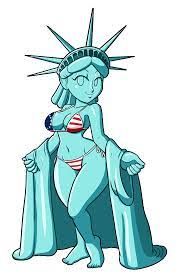 tansau, statue of liberty, highres, 1girl, american flag, american flag  bikini, ass, bikini, breasts, curvy, feet, female focus, flag print, full  body, huge ass, humanization, looking at viewer, simple background, smile,  smug,