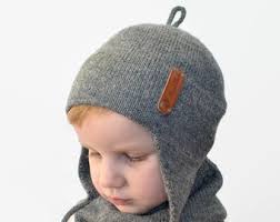 Knitted gray ear flap hat Alpaca helmet for kid Wool hat with ears Knitted  beanie for kid bonnet boy girl toddler infant baby black white