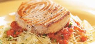 Pan Seared Swordfish With Tomato Sauce And Spaghetti Squash Ricardo Recipe Spaghetti Squash Seafood Recipes Recipes