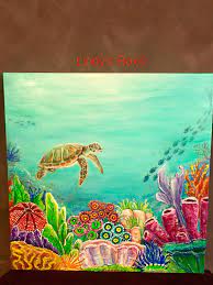 The shining star of the space is obviously this coral. Coral Reef Painting Just Keep Swimming Art Coralreef Turtle Colourful Acrylicpainting Ocean Oceanlife Fi Ocean Art Painting Coral Painting Ocean Art