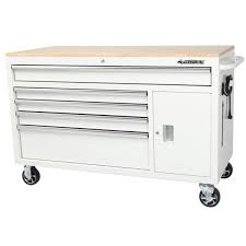 More information about our privacy practices.more information about our privacy practices. Husky 56 In W 5 Drawer 1 Door Deep Tool Chest Mobile Workbench In Gloss White With Hardwood Top H56mwc5gwxd The Home Depot