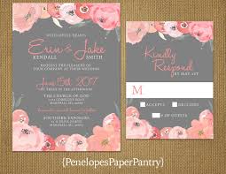 Romantic Gray And Coral Summer Wedding Invitation Gray Coral Peach Blush Roses Printed I Coral Wedding Invitations Wedding Invitations Grey Wedding Invitations