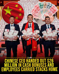 When bonuses become physical, trust and spectacle collide 💵😳 A Chinese  CEO distributed $26 million in bonuses after the company posted $37 million  in profit, spreading it across 7,000 employees. $8.7 million