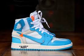 On Feet Look At The Off White X Air Jordan 1 Powder Blue Unc Kicksonfire Com Nike Shoes Women Air Jordans Nike Sneakers Women