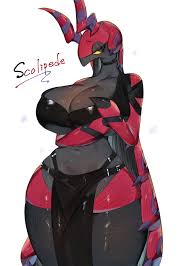276783 - safe, artist:toge77789, fictional species, scolipede, anthro,  nintendo, pokémon, 2023, bedroom eyes, belly button, blushing, breasts,  clothes, crop top, digital art, ears, eyelashes, female, huge breasts,  loincloth, looking at you, scales,