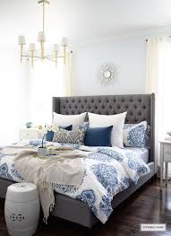 Pillows, sheets, covers, mattress, blankets & throws Gorgeous Blue And White Bedroom Featuring Blue And White Bedding Paired With Global Inspired Te Blue Master Bedroom Blue And White Bedding Grey Upholstered Bed