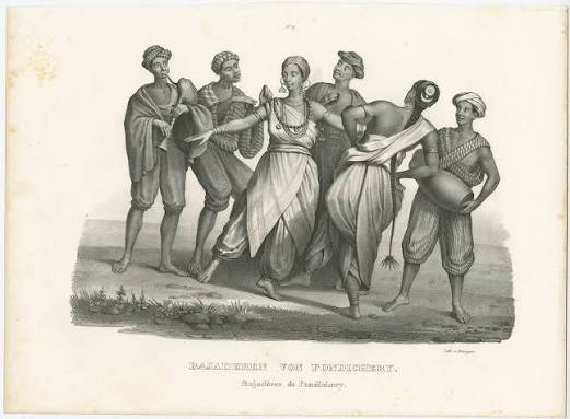 Antique Print of Musicians from Pondicherry by Honegger (c.1845)