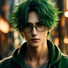 Anime guy,green hair,dark green …" — image created in Shedevrum