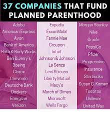 37 Companies That Fund Planned Parenthood Expedia Adobe Morgan Stanley American Express Exxonmobil Nike Fannie Mae Avon Oracle Bank Of America Groupon Pepsico Bath Body Works Intuit Pfizer Ben Jerry S