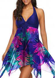 Womens Halter Leaf Print Blue Padded Swim Dress With Shorts Leaf Print Asymmetric Hem Halter Swimdress And Shorts In 2021 Swim Dress Swimwear Dress Short Dresses