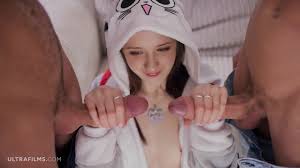 Brunette skinny whore is in paradise after giving a huge double deepthroat  blowjob and getting her holes destroyed in standing position