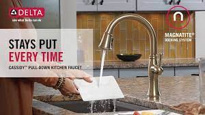Browse a wide array of bathroom faucets for your bathroom sink from the delta faucet collection of single and two handle products. Delta Cassidy Single Handle Pull Down Sprayer Kitchen Faucet In Champagne Bronze 9197 Cz Dst The Home Depot