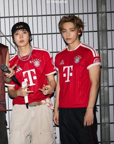 LuMAG | BAYERN × BANGTAN Football culture met global pop influence as BTS members V and j-hope stepped onto the stage in custom FC Bayern München... | Instagram