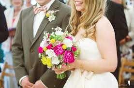 Hot pink and white wedding bouquets. Colorful Bridal Bouquet Hot Pink Green Yellow White Wedding Flowers