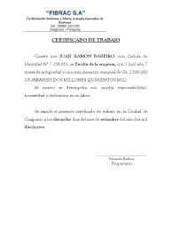 Ejemplo de curriculum vitae vigente en la reoública del paraguay. Certificado De Trabajo Fibrac
