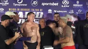Two days out from the first stadium fight in sydney in 15 years, the fighters in the sydney superfight got behind the microphone to answer questions ahead. Video Mark Hunt Swings On Rugby Player At Boxing Weigh In Bloody Elbow