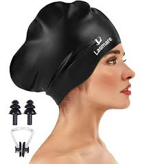 Medifier Women Ladies Elastic Silicone Water Pool Swimming Hat Cap Ear Wrap  Hat for Long Hair Adults Star Print(Blue), Swim Caps