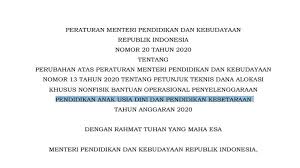 Oh iya permen ini juga bisa dijadikan dasar konsideran dalam pembuatan surat keputusan kepala sekolah. Permendikbud Nomor 20 Tahun 2020 Tentang Perubahan Petunjuk Teknis Bop Paud Dan Pendidikan Kesetaraan Pedia Pendidikan