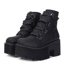 Black Boots White Sole Ladies Goth Boots Women Platform Ankle Rubber Sole Buckle Black Pu Punk Rock Style Spring Autumn Shoes In 2020 Platform Ankle Boots Buckle Ankle Boots Boots
