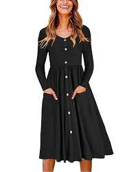 See more ideas about dresses, womens dresses, fashion. Ouges Women S Long Sleeve V Neck Button Down Midi Skater Dress With Pockets Black M Buy Online At Best Price In Uae Amazon Ae
