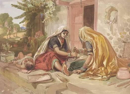 Women grinding corn - 1867 Painted by William Simpson This is a chromolithograph of plate 12 of William Simpson's 'India: Ancient and Modern'. The laborious task of grinding corn in India was
