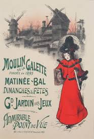 This Lithograph Shows A Woman Carrying Two Paintings Walking On A Cobble Stone Street With Windmil Vintage Concert Posters Vintage French Posters French Poster