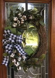 Black And White Buffalo Plaid Ribbon Oval Grapevine Wreath With Black And White Buffalo Check Ribbon And Cotton Stems Also Green Bur Fall Door Decorations Door Wreaths Diy Front Porch Decorating