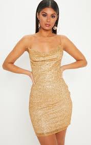 Gold Glitter Strappy Cowl Neck Bodycon Dress Glitter Outfit Sparkly Dress Neck Bodycon Dress