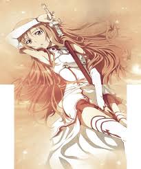 Asuna Sword Pose Theme Plaza Cosplay woman, asian culture, doll with blade in cold tones, night cityscape on background. asuna sword pose theme plaza