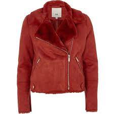 River Island Red Faux Shearling Biker Jacket 495 Pln Liked On Polyvore Featuring Outerwear Jackets C Faux Shearling Jacket Red Jacket Coats Jackets Women