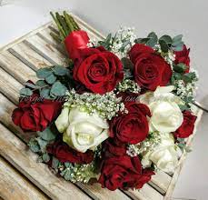 Wedding bouquets red and white and babys breath. Red And White Roses With Babies Breath For A Beautiful Brides Bouquet By Forget Me Not Red Wedding Flowers Bouquet White Flower Bouquet Prom Flowers Bouquet