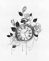 Design De Tatouage Telechargement Instantane Horloge Et Roses Tattoo Stencil Imprimable Watch Tattoo Design Vintage Clock Tattoos Clock Tattoo Design