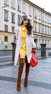 How To Wear Yellow Dress In Winter Brunette From Wall Street Winter Outfits Yellow Dress Winter Dresses