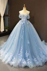 Blue Wedding Dresses Boho Off The Shoulder Lace Applique 3d Flowers Elegant Ball Gown Wedding Gowns Elegant Ball Gowns Pretty Quinceanera Dresses Ball Dresses
