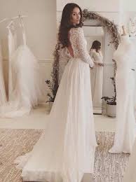 Long Sleeves Wedding Dress Beach Wedding Dress Lace Chiffon Bridal Dress Wd00056 Long Sleeve Wedding Dress Backless V Neck Wedding Dress A Line Wedding Dress