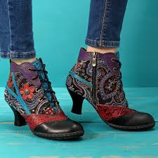 Socofy Women Splicing Jacquard Block Ankle Boots Floral