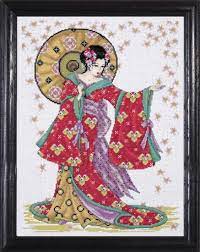 Stitched on your choice of 14 count fabric with dmc floss, kreinik #4 braid, and mill hill beads. Cross Stitch Corner Design Works Red Geisha By Joan Elliott